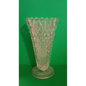 Vintage Clear Pressed Glass Diamond Point  Vase Pedestal Base Scalloped Rim